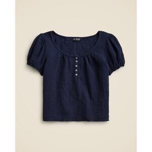 NWT J.Crew Blouse Top Puff-Sleeve Henley Navy Blue Size Medium
